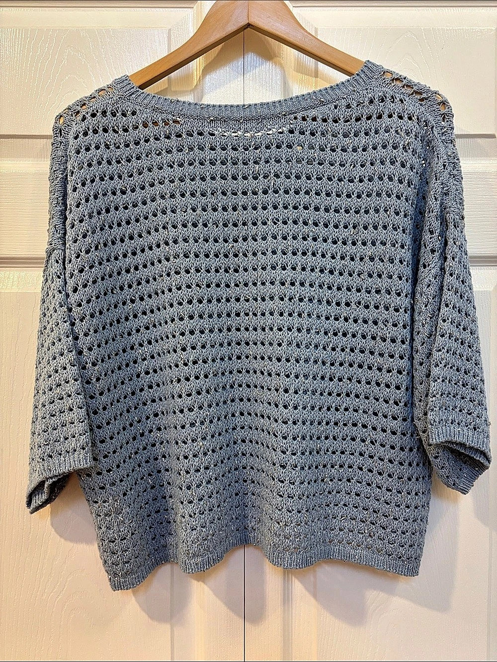 Riani Blue Open-Knit Crewneck Sweater – Size M | Metallic Thread | 3/4 Sleeve